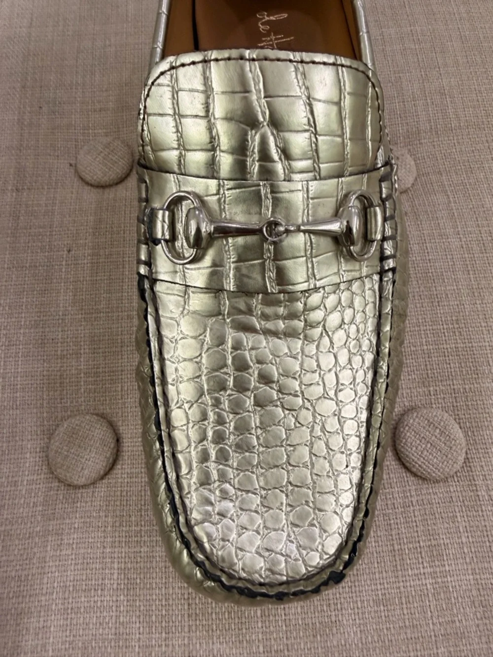 Cole Haan Metallic Gold Croc-Embossed Bit Loafers